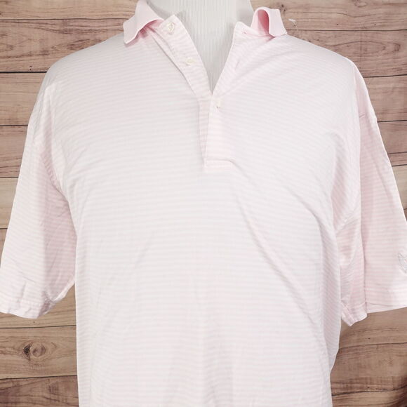 FAIRWAY & GREENE SHORT SLEEVE PINK WHITE STRIPED POLO SHIRT MENS SIZE L LARGE - Picture 1 of 7
